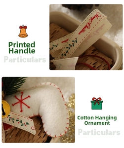 Detail of Christmas ribbon with Merry Christmas print and white fabric bell ornament