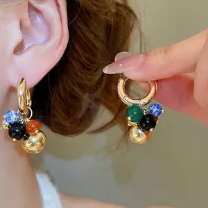 Vintage Beaded Hoop Earrings Colorful Stone Resin Grape Cluster Dangle Alloy Copper Jewelry For Women Bohemian Style