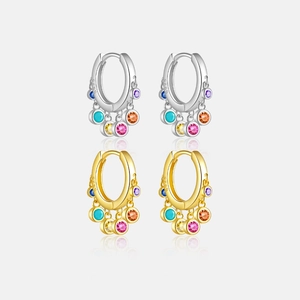 925 Sterling Silver Hoop Earrings With Colorful Round Cubic Zirconia Dangle Charms Rainbow Fashion Jewelry For Women