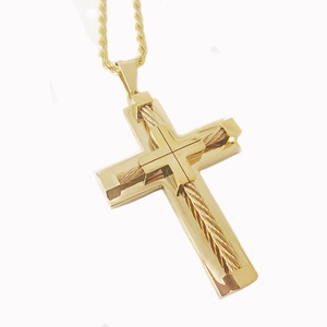 Vintage golden stainless steel cross necklace with twisted steel wire inlay for men