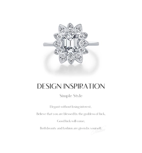 Detail of S925 silver ring featuring emerald-cut center and pear-shaped side stones