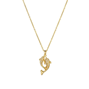 Elegant gold double dolphin pendant necklace with sparkling crystal pave setting