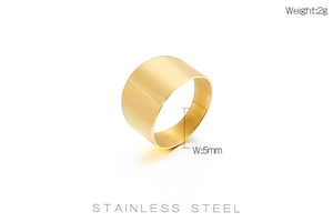 Detail showing 5mm wide polished golden stainless steel ring with weight and size specs