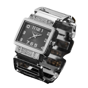 Luxury women's quartz watch with rectangular black dial and silver rhinestone band