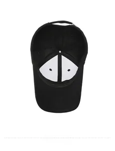 Internal structure of black baseball cap showing six-panel stitch and inner lining