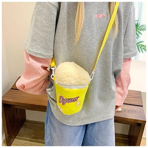 Cute plush popcorn-shaped crossbody bag for kids with adjustable yellow strap for daily use