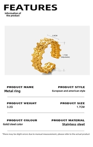 Detail view of irregular gold stainless steel ring with dimensions 0.8cm width and 1.7cm diameter