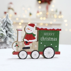 Wooden Christmas train ornament with snowman and Merry Christmas lettering for table decor