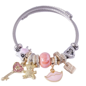 Bracciale regolabile in acciaio inossidabile con perle di cristallo rosa e ciondolo orsetto