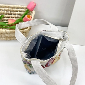 Ethnic style small canvas tote bag with gold thread embroidery and zipper closure