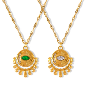 Gold plated stainless steel sunburst evil eye pendant necklace with colorful zircon stones