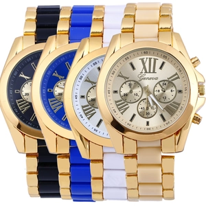 Geneva quartz watch with Roman numerals and three sub-dials in four distinct colors