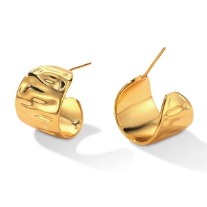 Fashion Hammered Texture Chubby Teardrop C-Shape Hoop Earrings For Women Gold Plated Copper 925 Sterling Silver Post Earrings