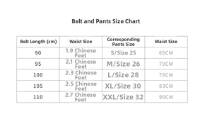 Size chart showing leather belt lengths from 90 to 110cm and corresponding waist sizes