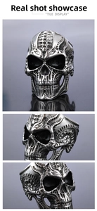 Detailed views of a vintage skull ring made of durable stainless steel in punk biker style