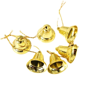 Set of 6 shiny gold 3cm Christmas bells with hanging strings for tree decoration