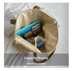 Interior view of beige woven tote bag showing large capacity for tablet and accessories