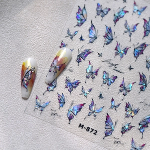 Laser gold butterfly nail sticker M-872 with rainbow aurora gradient effect and metallic lines