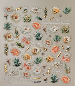 Détails de stickers d'ongles pivoine en relief 3D avec dorure et accents de strass cristal