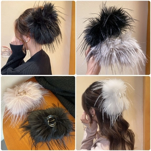 Grande Pince À Cheveux En Peluche Et Plumes Avec Chouchou Fausse Fourrure Accessoires Cheveux Élégants Pour Femmes