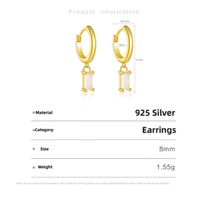 Detailed dimensions of S925 sterling silver hoop earrings with rectangular stone drop