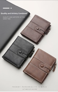 Three men's PU leather wallets in black and brown featuring vintage litchi grain detail