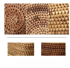 Close-up of handmade rattan weave texture showing the natural aging and shell bag patterns