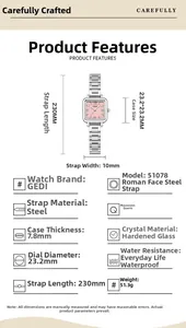 Détails de montre quartz carrée argentée avec cadran rose et dimensions précises
