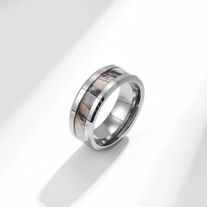Polished silver tungsten carbide ring for men featuring a modern camo inlay design