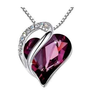 Elegant silver heart necklace with large faceted purple crystal and sparkling rhinestones