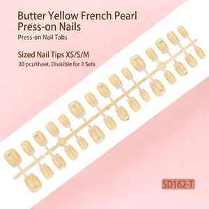 Lichtgele French press-on nagels met parels, set van 30 stuks maten XS, S en M