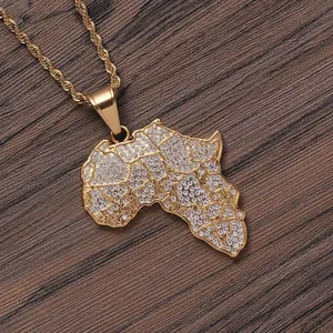 Africa Map Pendant Necklace Stainless Steel Rhinestone Inlaid Hip Hop Jewelry Gold Tone For Men