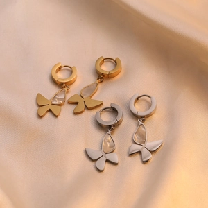 Minimalist gold and silver titanium steel butterfly earrings with white shell inlay
