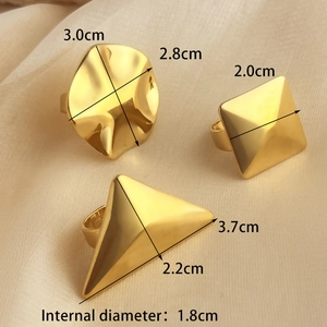 Three-piece geometric 18K gold plated stainless steel rings with detailed size measurements