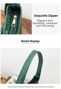 Close-up of golden zipper and woven texture on dark green shoulder bag