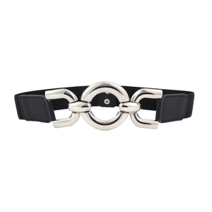 Women black elastic waist belt with interlocking silver geometric metal ring buckle