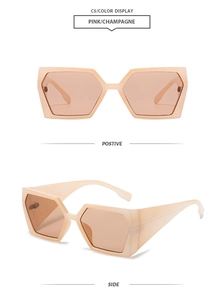Detail view showing front and side profile of pink champagne square sunglasses