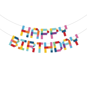 Colorful building block Happy Birthday banner for festive kids party wall decoration
