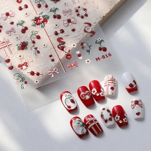 3D Embossed Nail Art Stickers Sweet Strawberry Cherry Bow Self Adhesive Relief Manicure Decoration For Women Kids