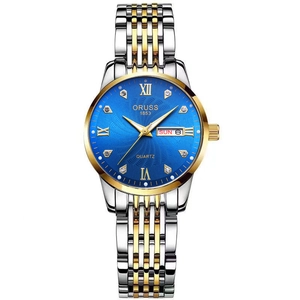 Detail of ORUSS watch dial with blue wave pattern, Roman numerals, and date window