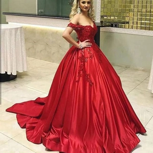 Red Off-The-Shoulder Evening Gown Satin Lace Applique Sequined Wedding Party Ball Gown Long Train Elegant For Women