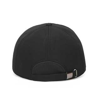 Rear view of a black winter baseball cap featuring twill texture and adjustable metal buckle