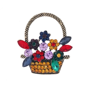 Vintage gold flower basket brooch with colorful rhinestones in a classic floral design
