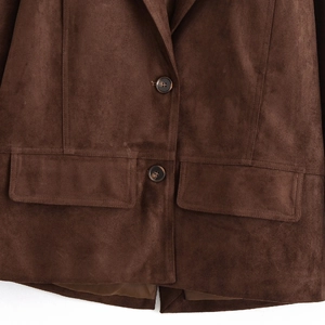 Classic dark brown suede jacket featuring tailored lapels and button closure for women