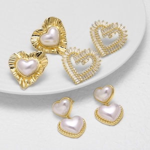 Pendientes De Corazón Cobre Chapado En Oro De 18K Con Perla Artificial De Imitación Circonita Y 14K Gold Earring Post Joyas