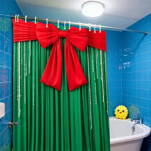 Waterproof polyester Christmas shower curtain with red bow and white vertical stripes