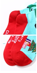 Detail of Christmas cotton socks showing anti-slip heel and flat toe seam construction