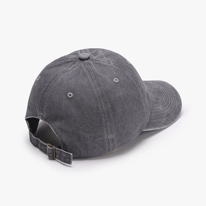 Classic gray washed cotton baseball cap with adjustable metal buckle from a rear-side view