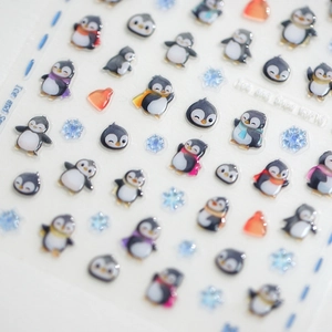 Stickers à ongles 3D avec motifs pingouins et flocons de neige bleus pour décoration
