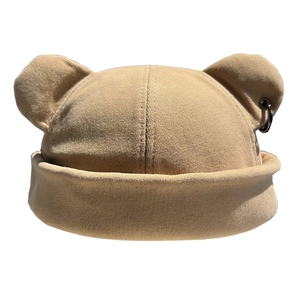 Khaki beanie with cute bear ears and metal ring accent, stylish hip-hop brimless hat
